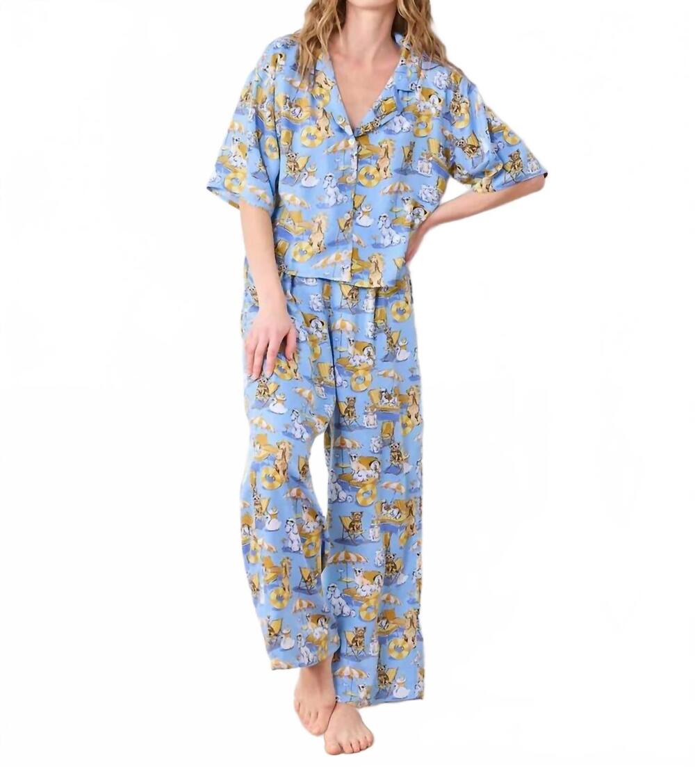NEW PRINTFRESH women's palm royal pooches eco satin set in cerulean splash